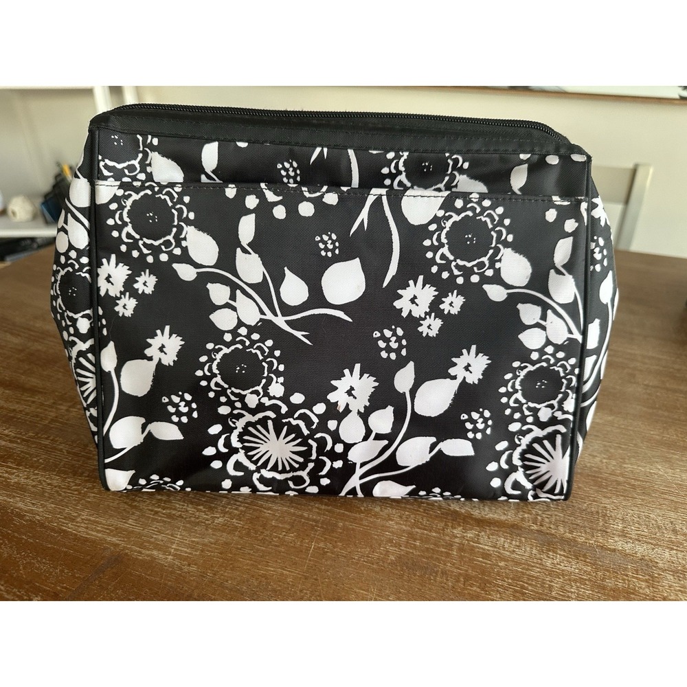 Thirty One Black & White Floral Cosmetic Bag Organizer Pouch Plastic Lined - Picture 2 of 9